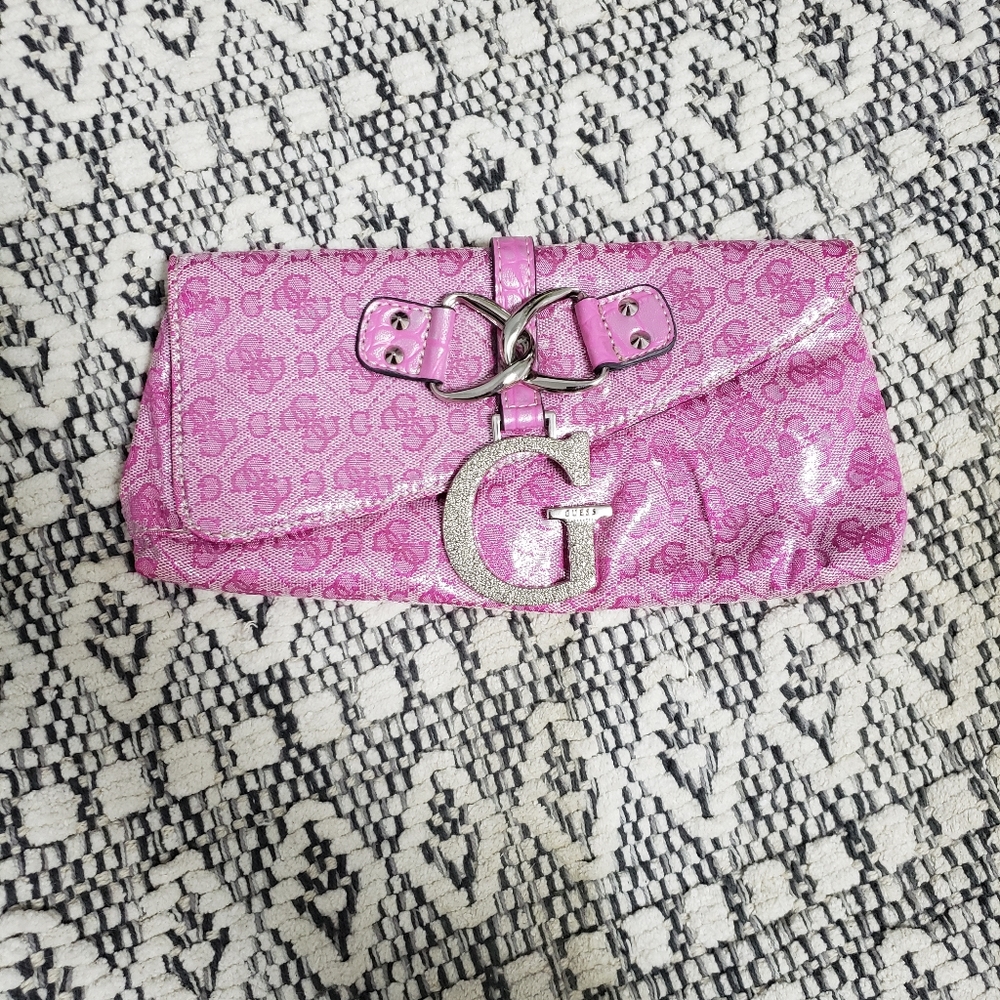 GUESS Pink Monogram Clutch